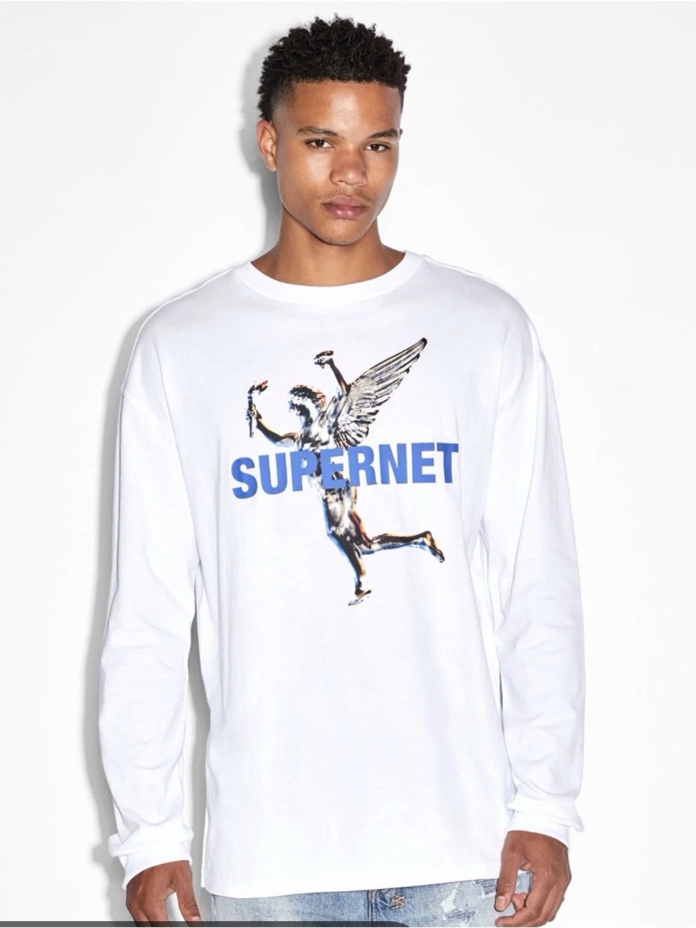 Ksubi White Long-Sleeve Tee with Blue SUPERNET and Metallic Angel Graphic